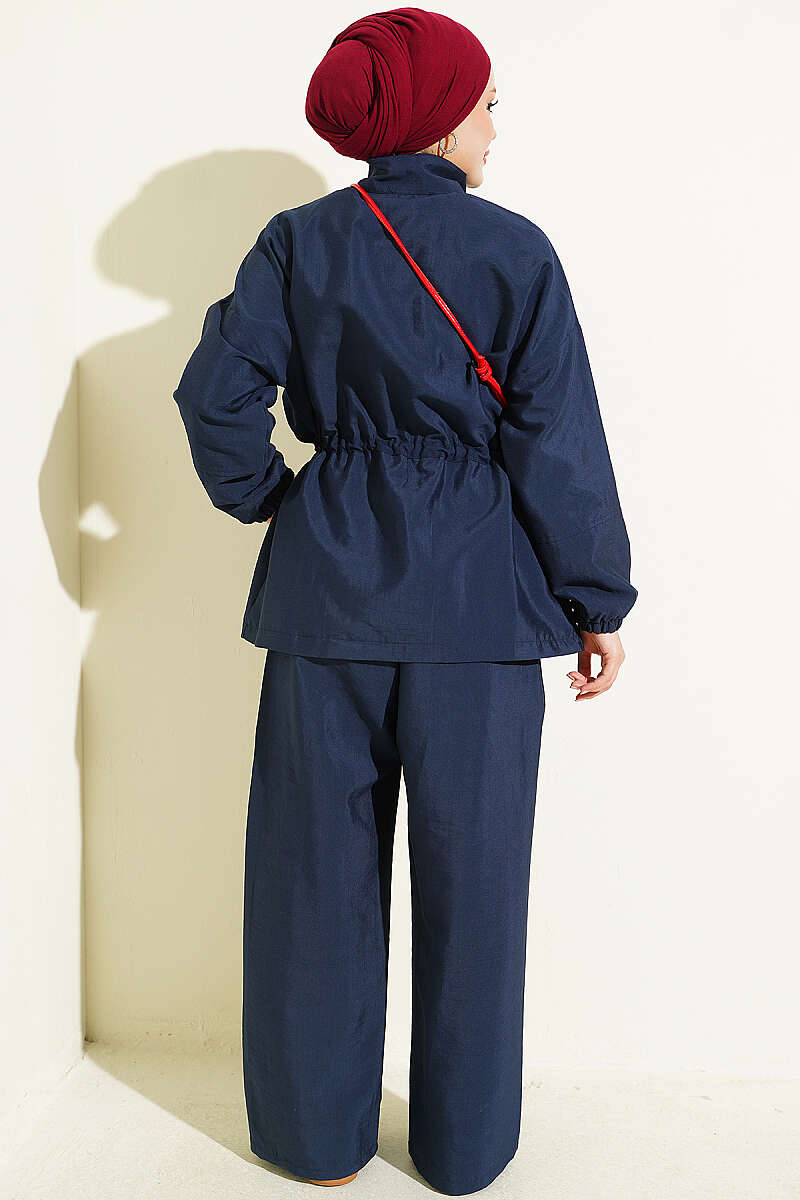 Zip-Up Two-Piece Set with Drawstring Waist - Navy