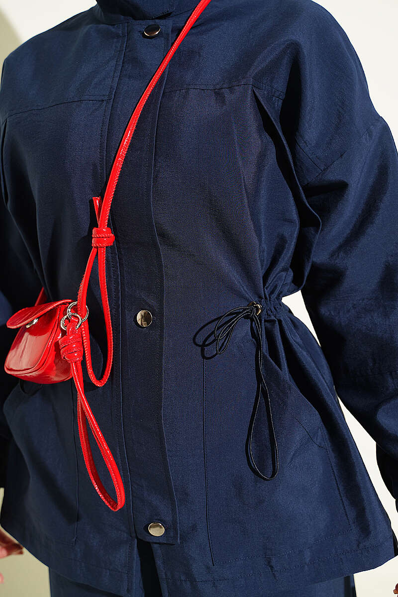 Zip-Up Two-Piece Set with Drawstring Waist - Navy
