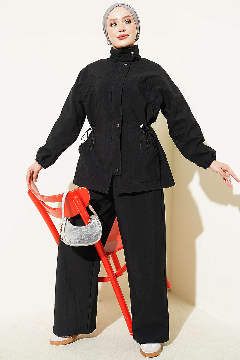 Zip-Up Two-Piece Set with Drawstring Waist - Black