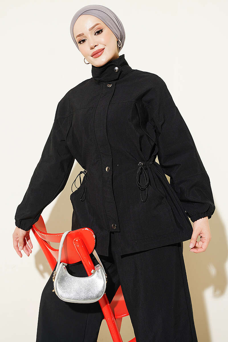 Zip-Up Two-Piece Set with Drawstring Waist - Black