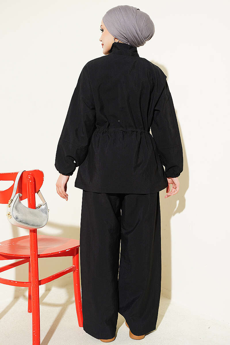 Zip-Up Two-Piece Set with Drawstring Waist - Black