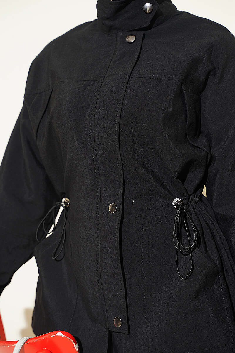Zip-Up Two-Piece Set with Drawstring Waist - Black