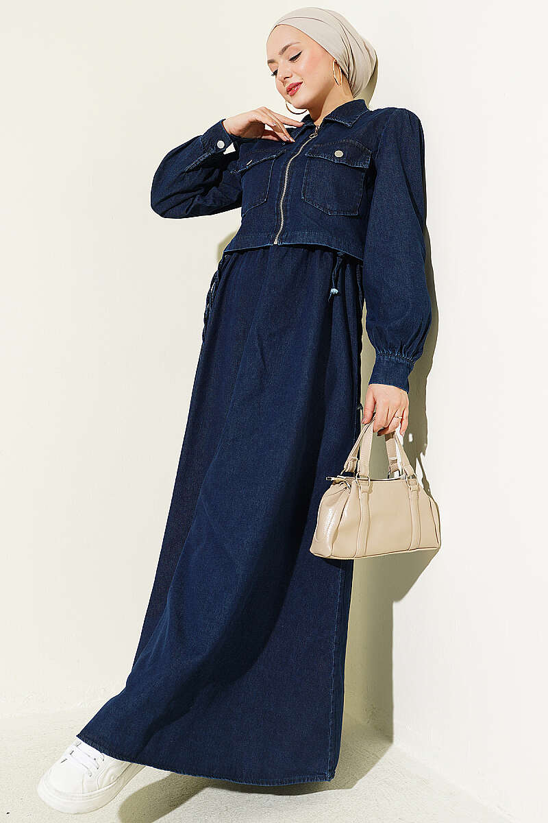 Zip Pinafore Two-Piece Set with Drawstring Waist - Dark Denim