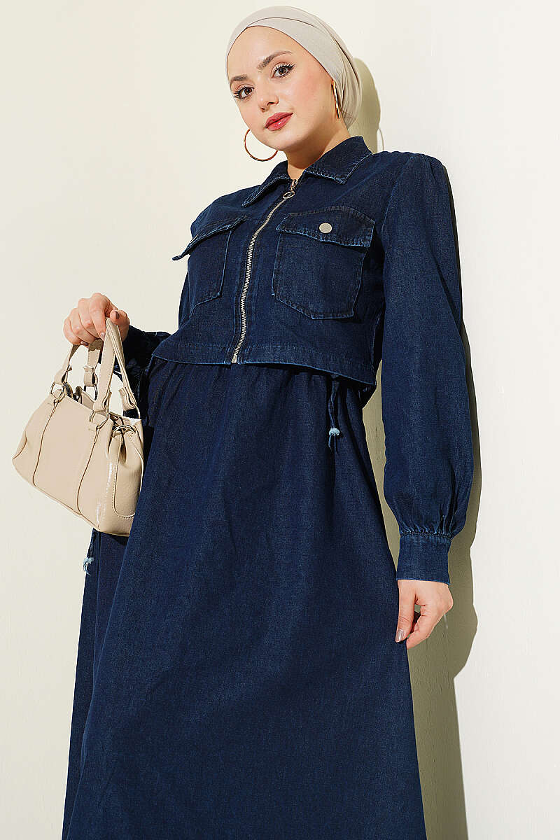 Zip Pinafore Two-Piece Set with Drawstring Waist - Dark Denim