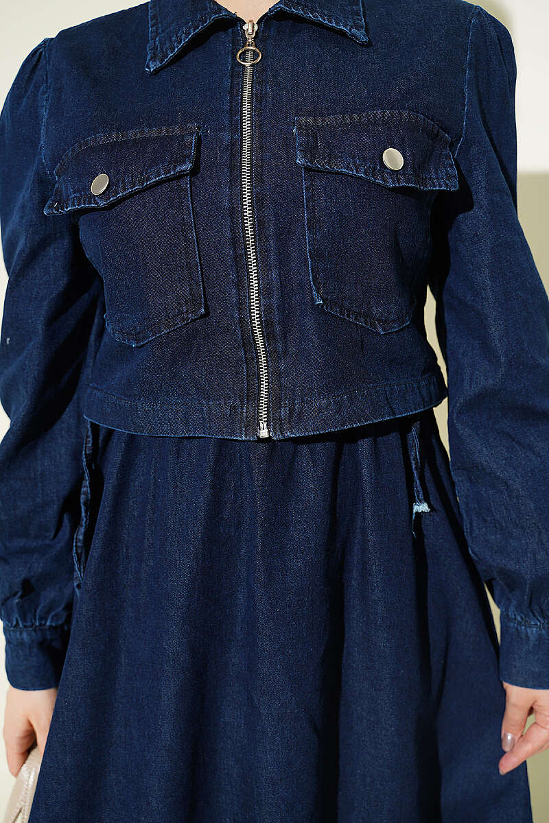 Zip Pinafore Two-Piece Set with Drawstring Waist - Dark Denim