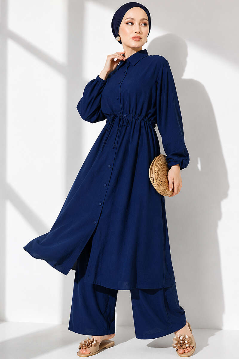 Long Tunic Set with Shirt Collar and Drawstring Waist - Navy