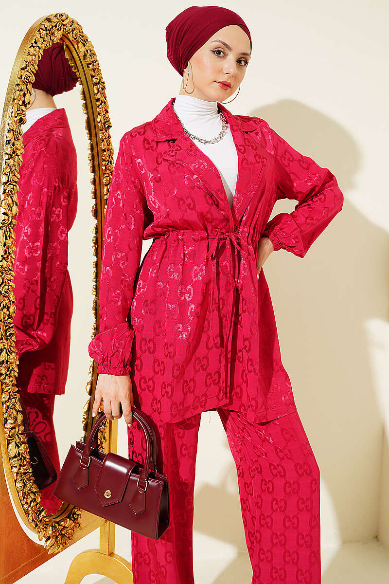 Jacquard Two-Piece Set with Drawstring Waist - Burgundy