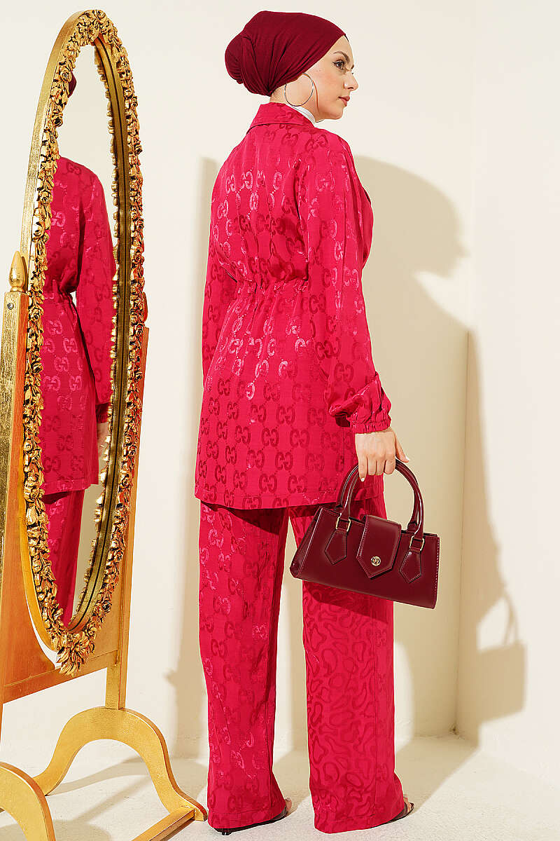Jacquard Two-Piece Set with Drawstring Waist - Burgundy
