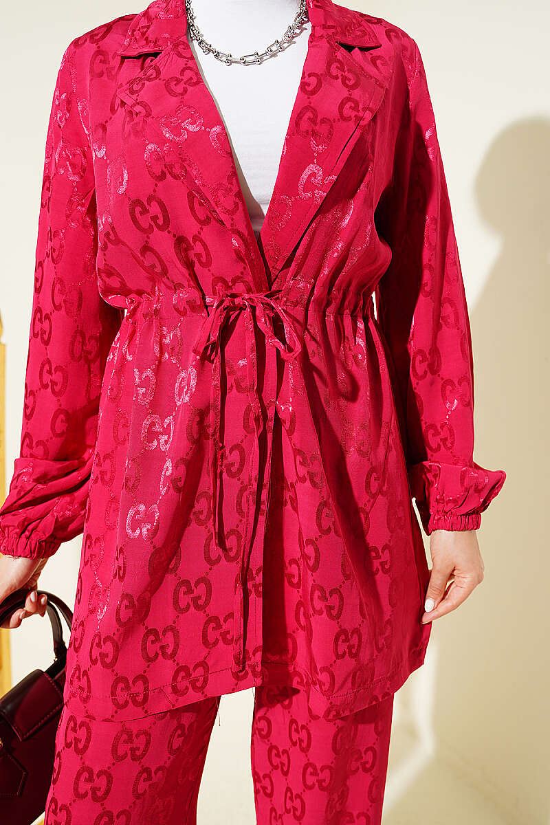 Jacquard Two-Piece Set with Drawstring Waist - Burgundy
