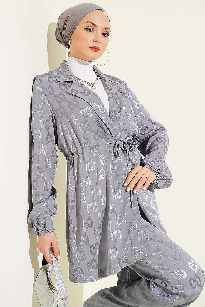 Jacquard Two-Piece Set with Drawstring Waist - Grey