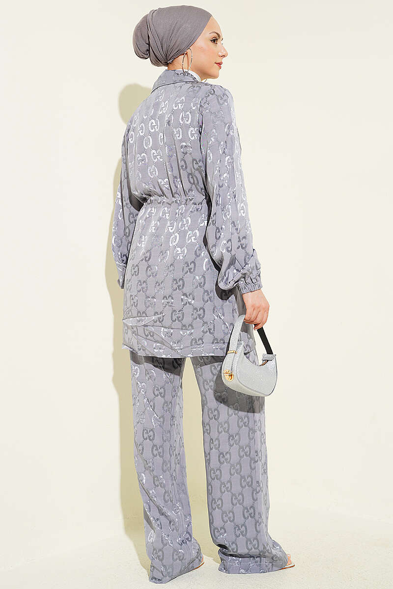 Jacquard Two-Piece Set with Drawstring Waist - Grey