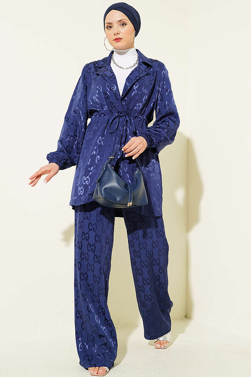 Jacquard Two-Piece Set with Drawstring Waist - Navy