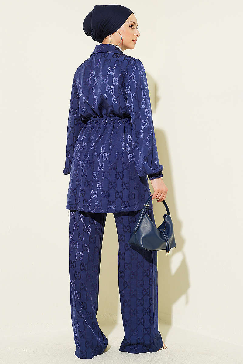 Jacquard Two-Piece Set with Drawstring Waist - Navy