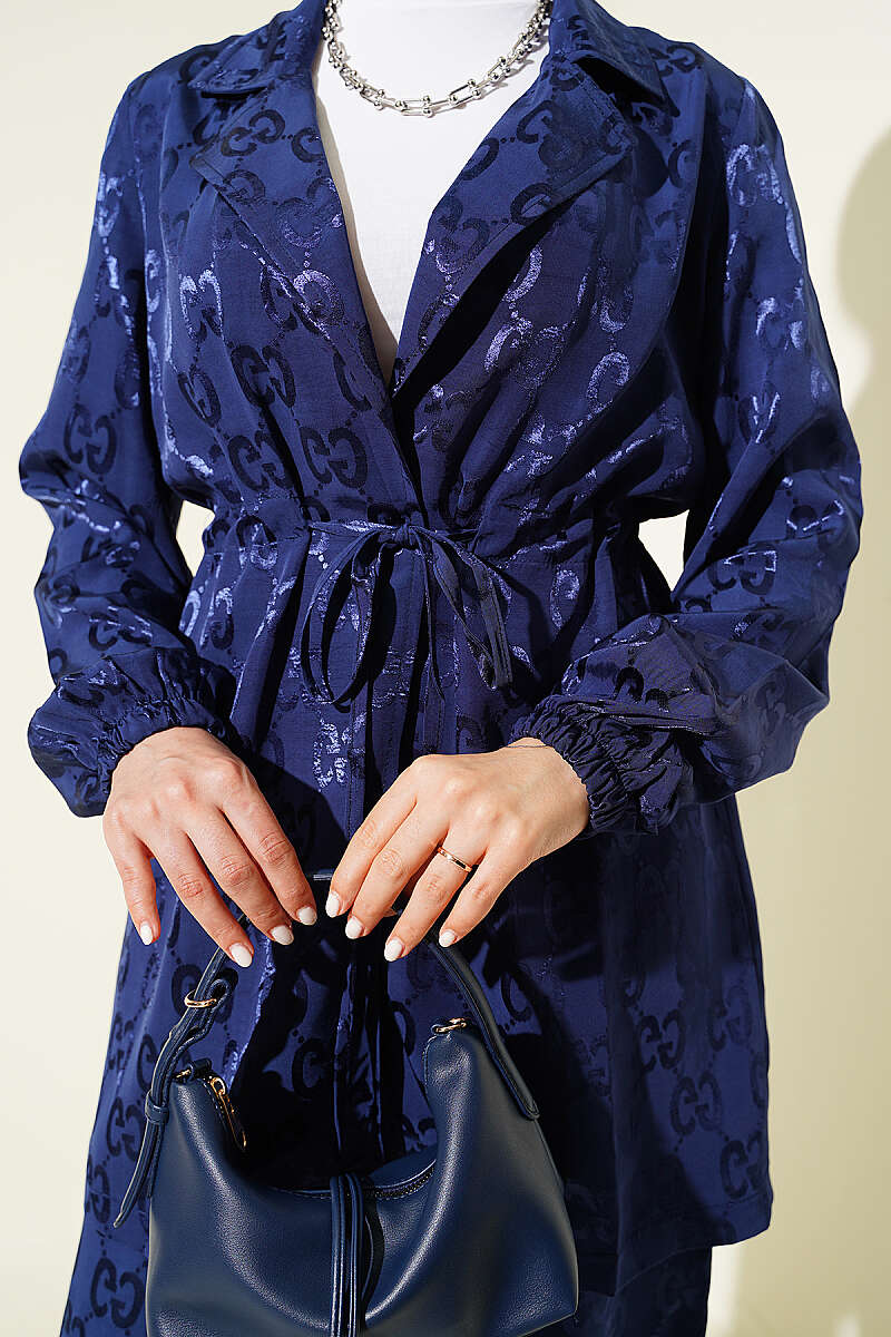 Jacquard Two-Piece Set with Drawstring Waist - Navy