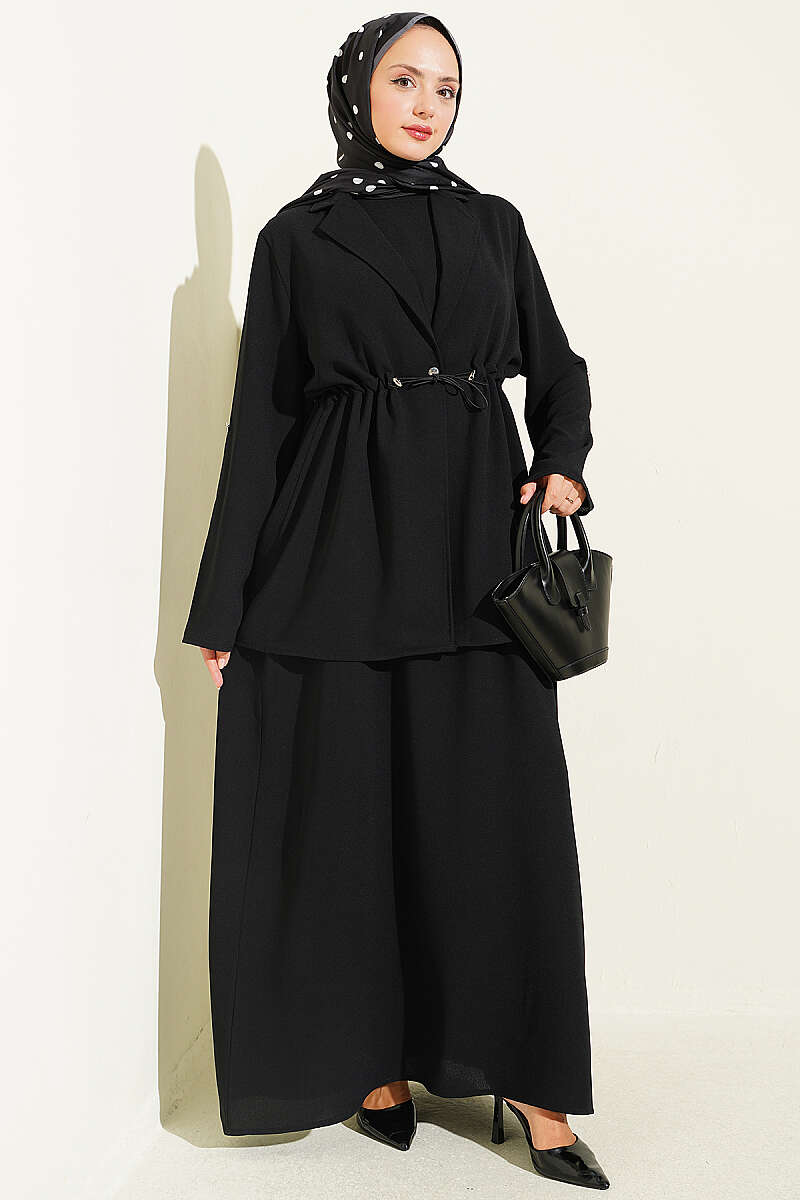 Jacket Set with Drawstring Waist - Black
