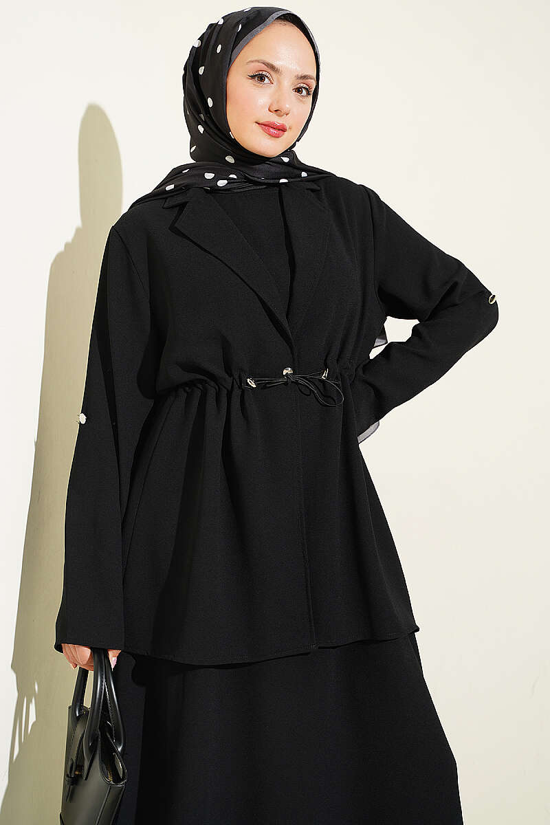 Jacket Set with Drawstring Waist - Black