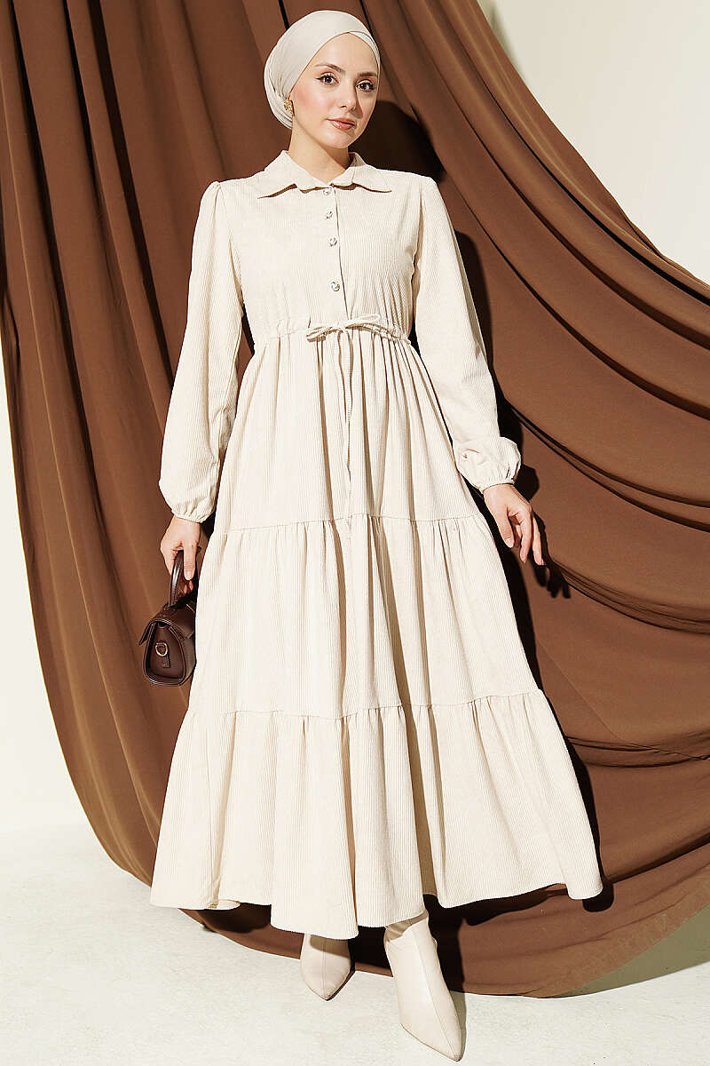 Velvet Dress with Drawstring Waist - Beige