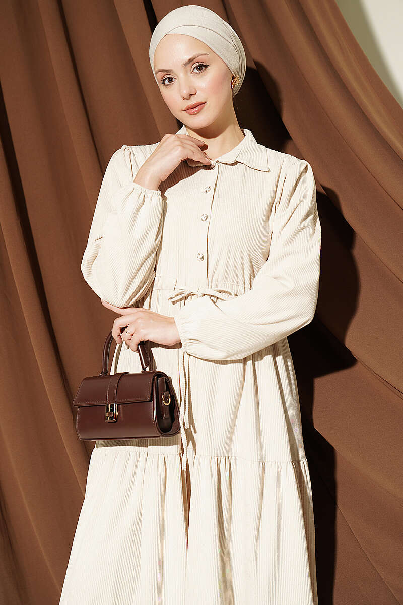 Velvet Dress with Drawstring Waist - Beige