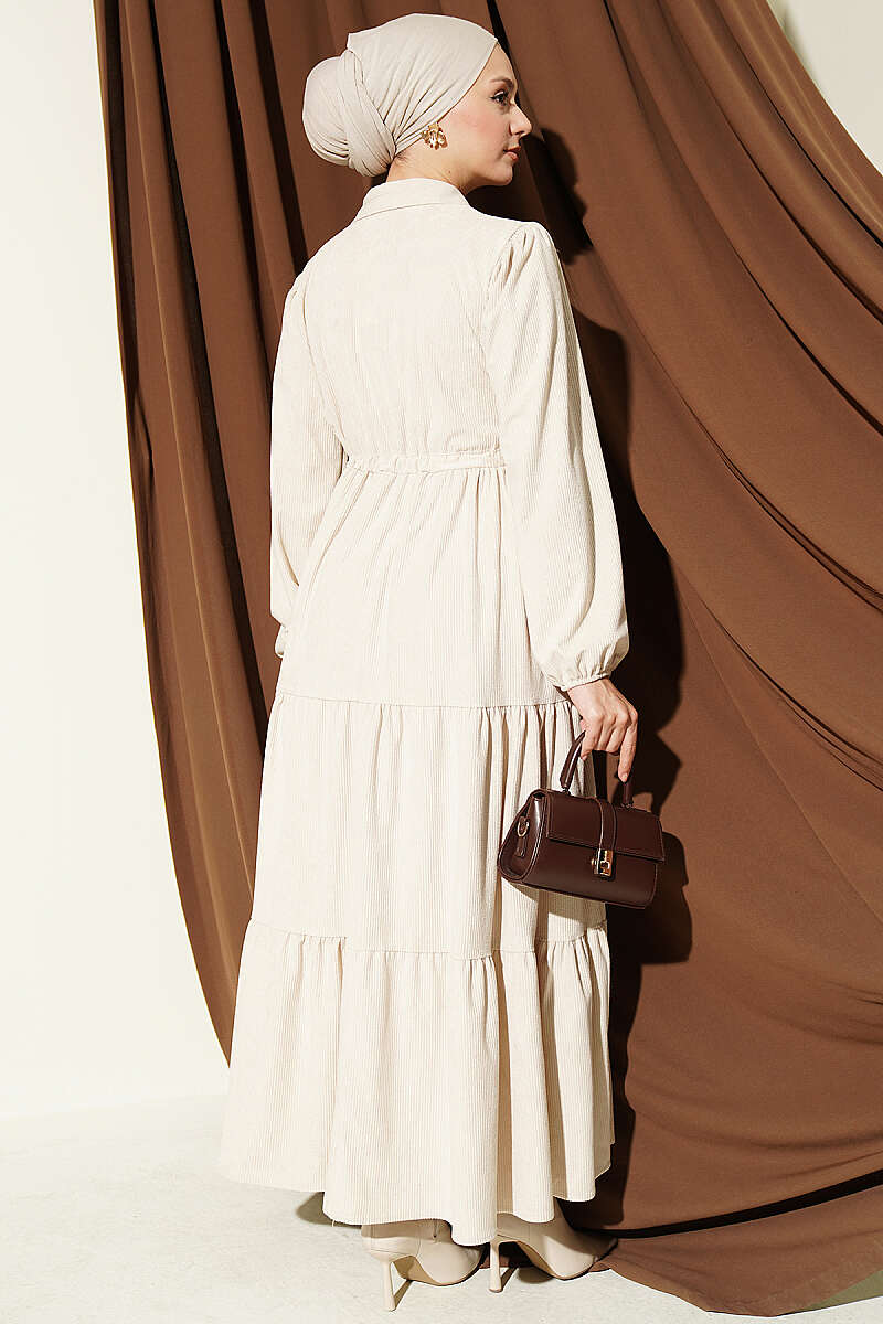 Velvet Dress with Drawstring Waist - Beige