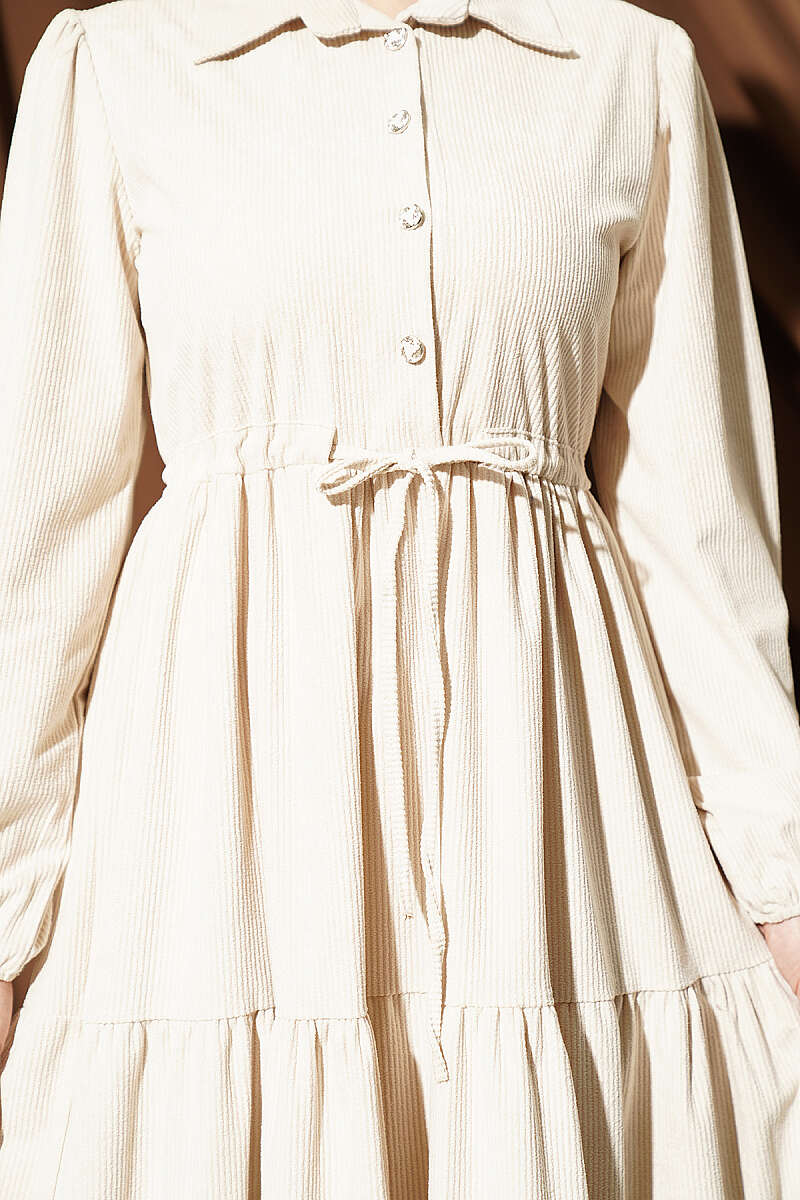 Velvet Dress with Drawstring Waist - Beige