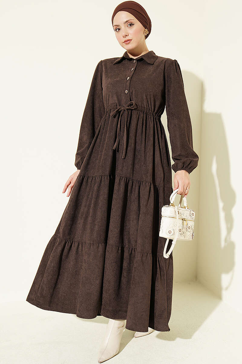 Velvet Dress with Drawstring Waist - Brown