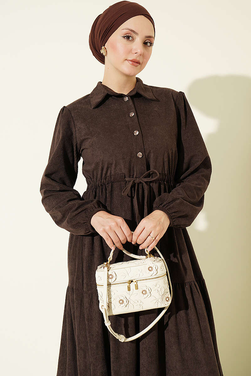 Velvet Dress with Drawstring Waist - Brown