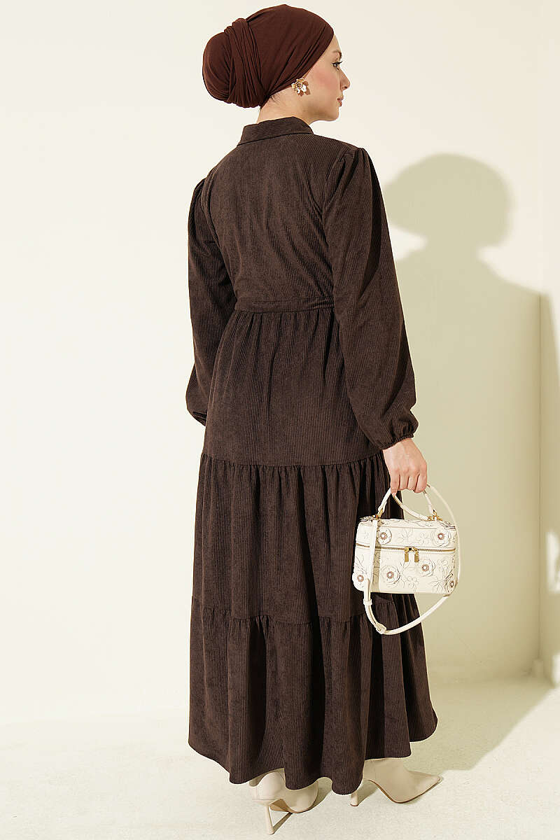 Velvet Dress with Drawstring Waist - Brown