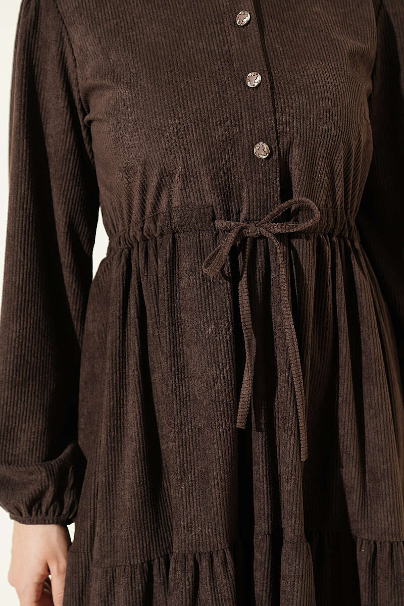 Velvet Dress with Drawstring Waist - Brown