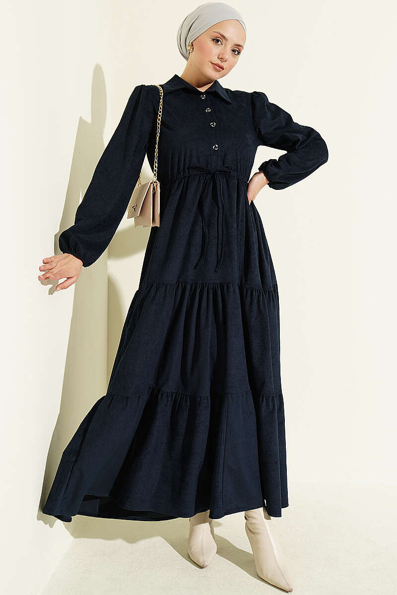Velvet Dress with Drawstring Waist - Navy