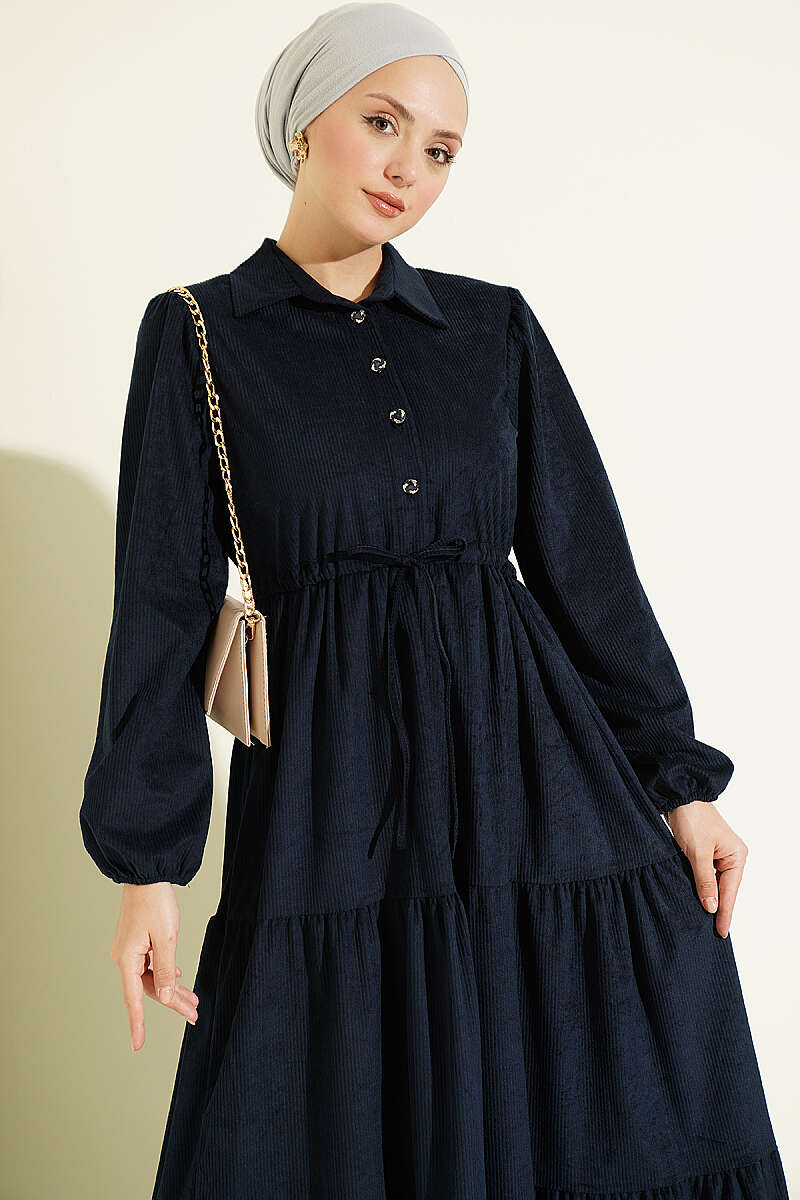 Velvet Dress with Drawstring Waist - Navy