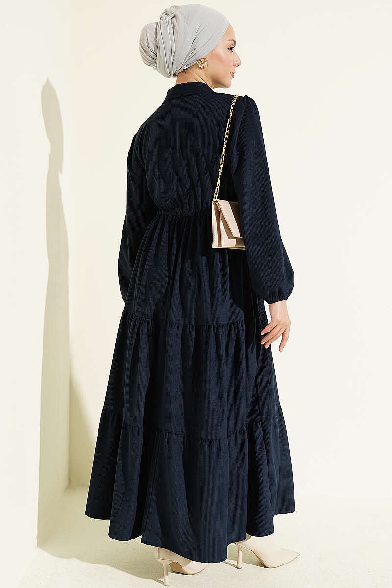 Velvet Dress with Drawstring Waist - Navy