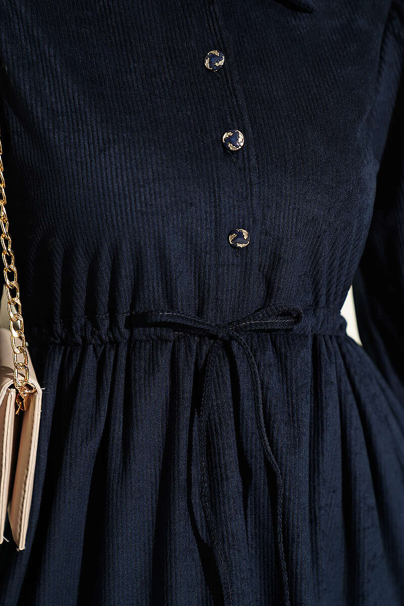 Velvet Dress with Drawstring Waist - Navy