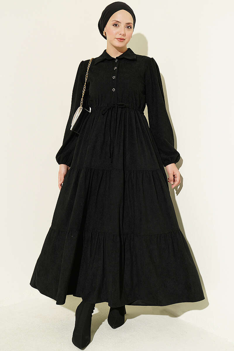 Velvet Dress with Drawstring Waist - Black