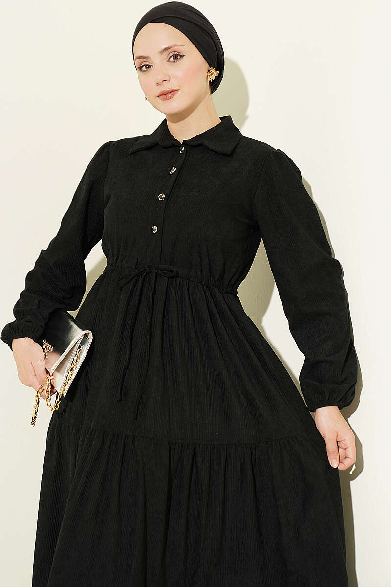 Velvet Dress with Drawstring Waist - Black