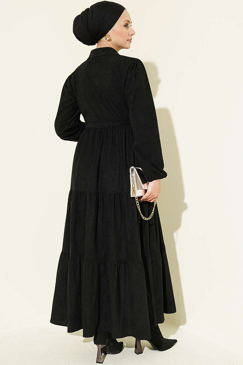 Velvet Dress with Drawstring Waist - Black