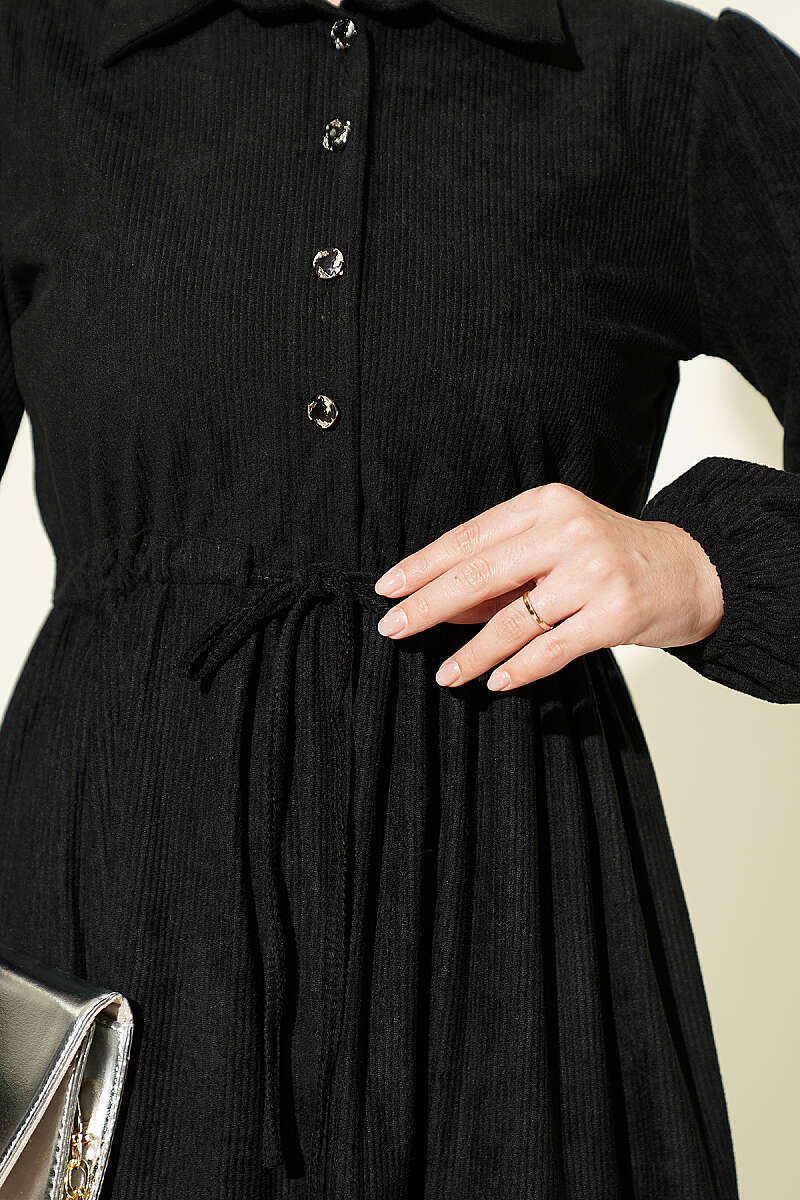 Velvet Dress with Drawstring Waist - Black