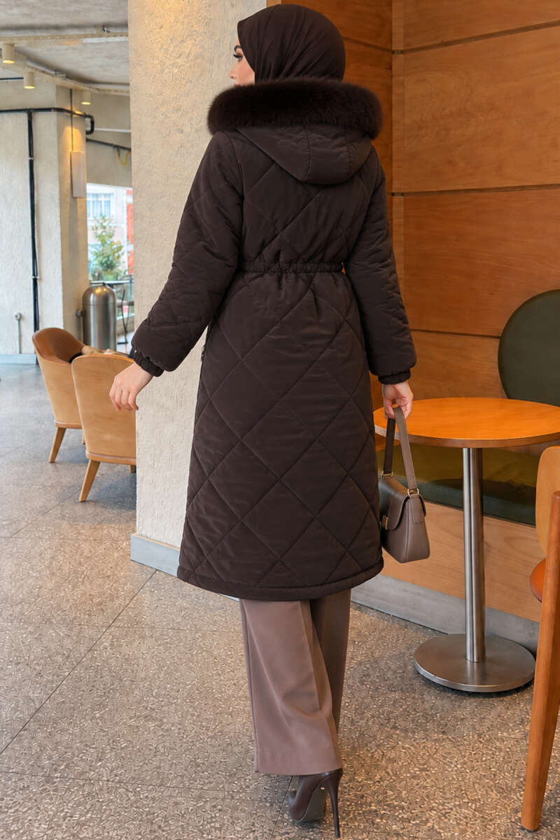 Quilted Puffer Coat with Faux Fur and Drawstring Waist - Dark Brown