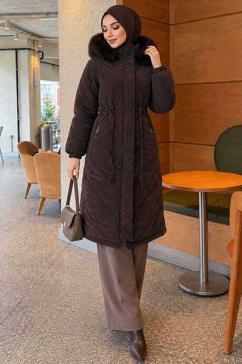 Quilted Puffer Coat with Faux Fur and Drawstring Waist - Dark Brown