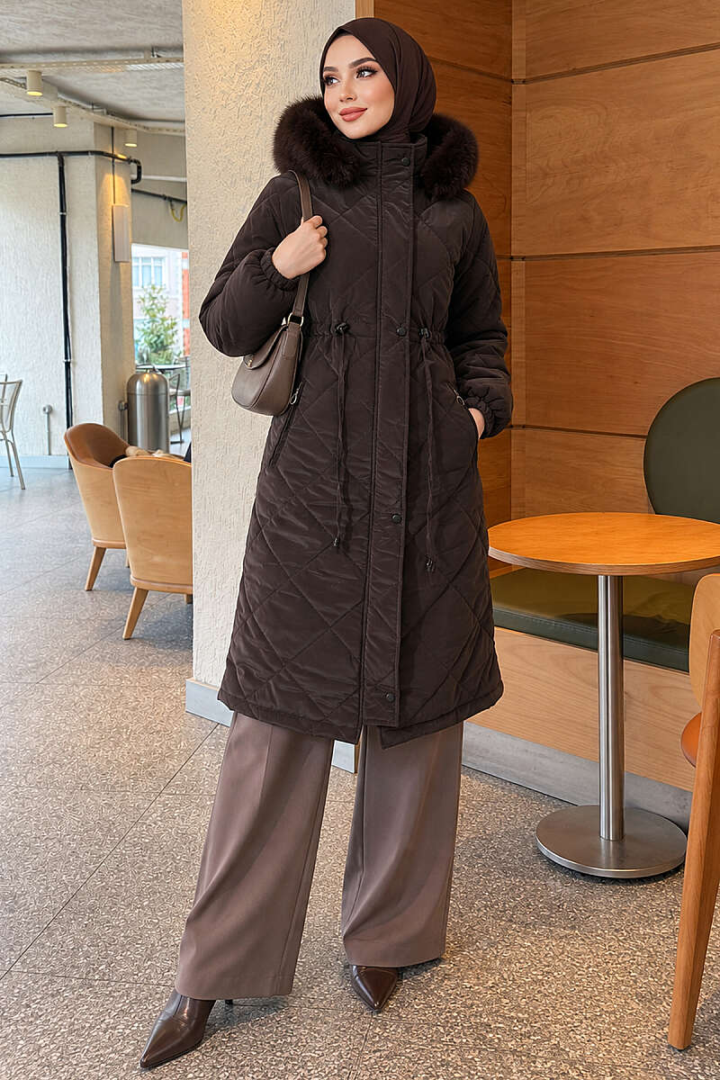 Quilted Puffer Coat with Faux Fur and Drawstring Waist - Dark Brown