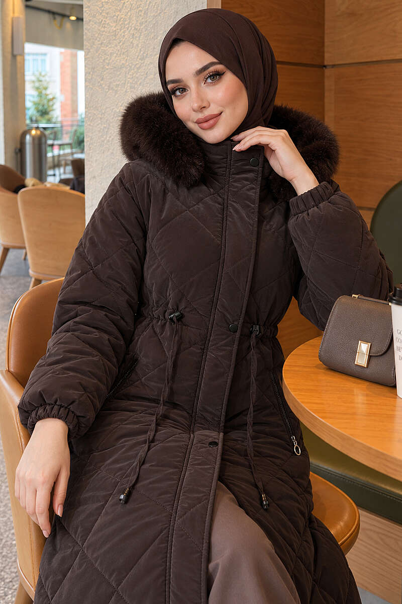 Quilted Puffer Coat with Faux Fur and Drawstring Waist - Dark Brown