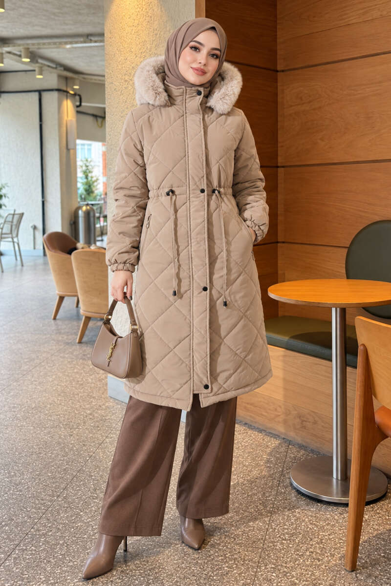 Quilted Puffer Coat with Faux Fur and Drawstring Waist - Beige
