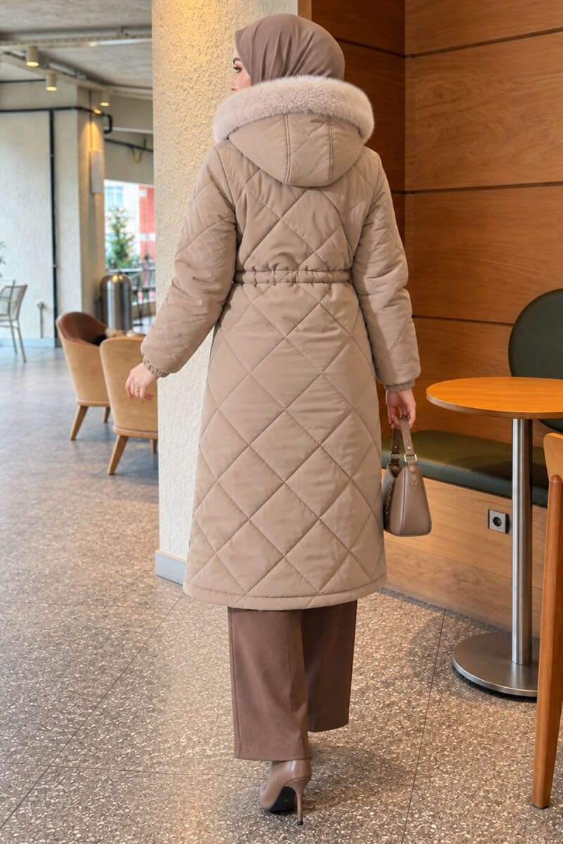 Quilted Puffer Coat with Faux Fur and Drawstring Waist - Beige