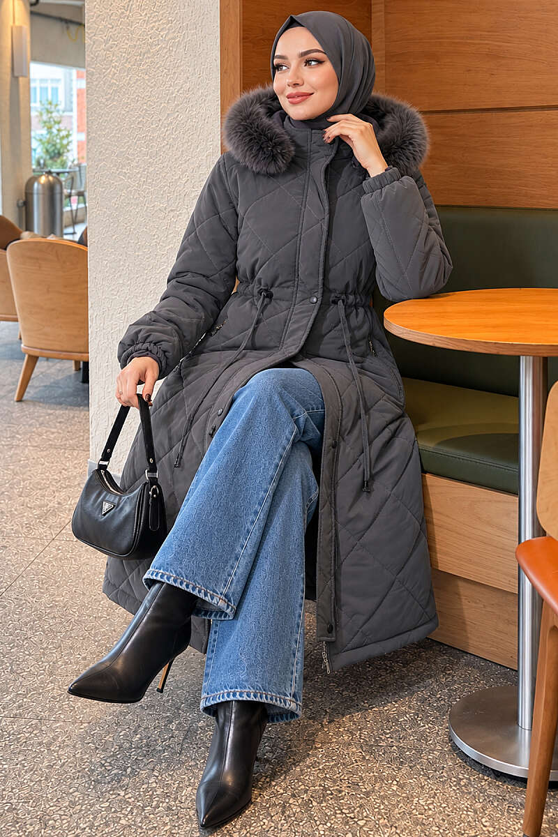 Quilted Puffer Coat with Faux Fur and Drawstring Waist - Smoke Grey