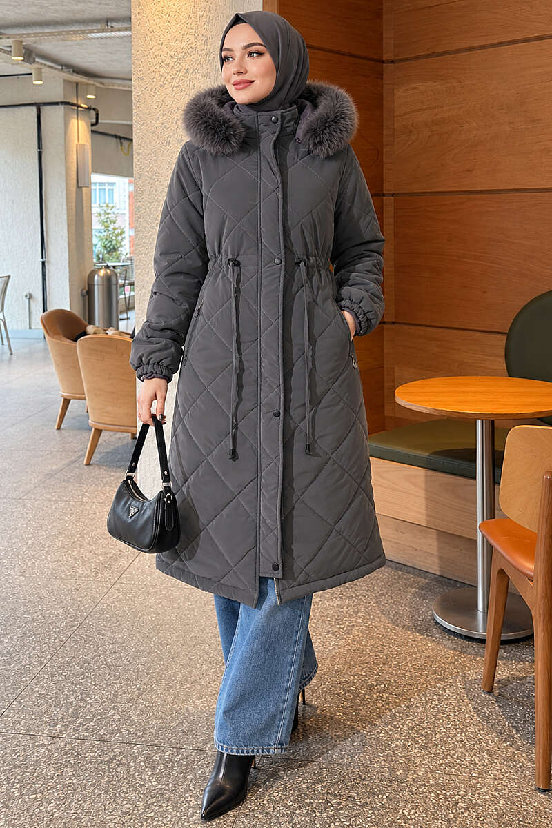 Quilted Puffer Coat with Faux Fur and Drawstring Waist - Smoke Grey