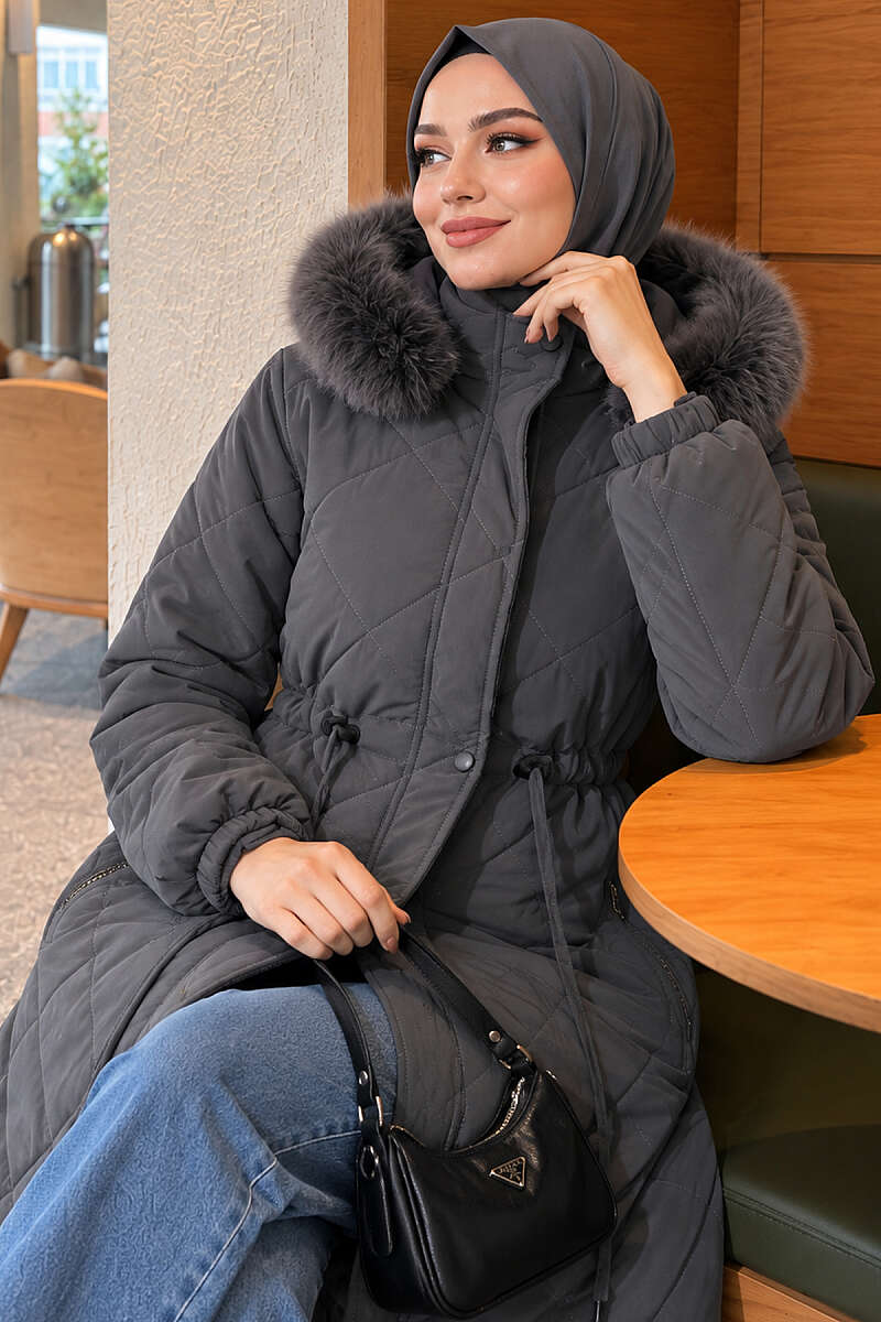 Quilted Puffer Coat with Faux Fur and Drawstring Waist - Smoke Grey
