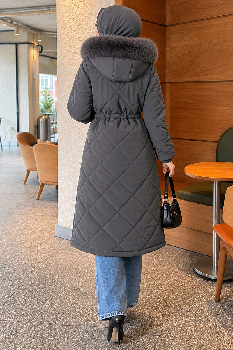 Quilted Puffer Coat with Faux Fur and Drawstring Waist - Smoke Grey