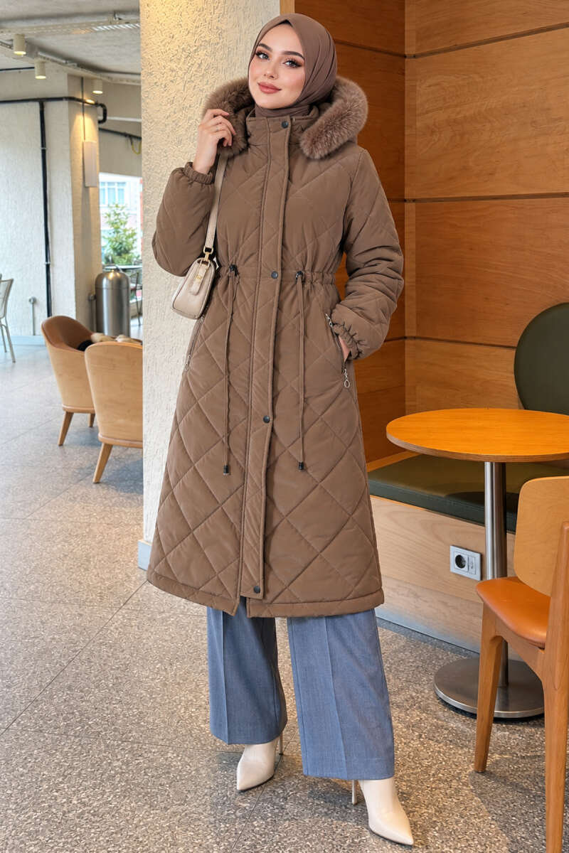 Quilted Puffer Coat with Faux Fur and Drawstring Waist - Brown