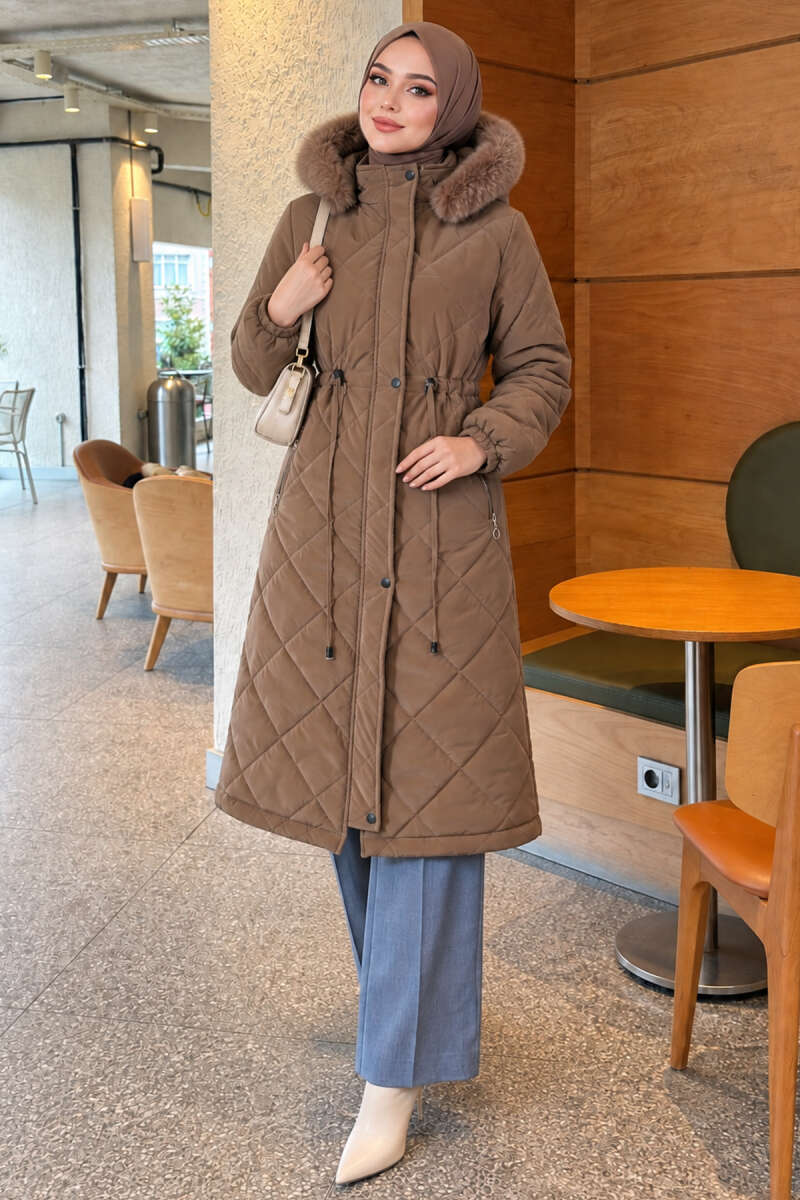 Quilted Puffer Coat with Faux Fur and Drawstring Waist - Brown