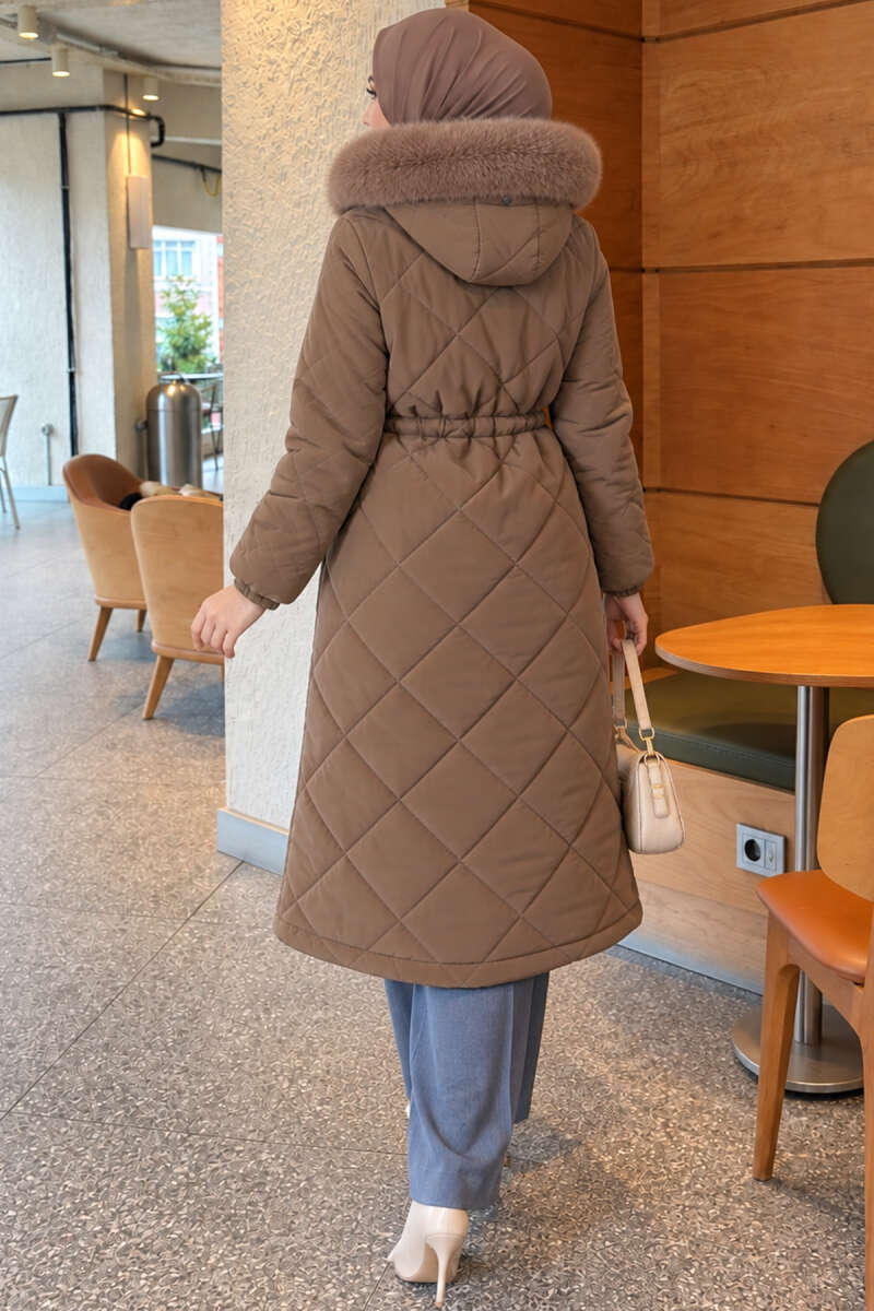 Quilted Puffer Coat with Faux Fur and Drawstring Waist - Brown