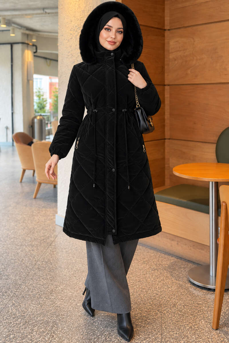 Quilted Puffer Coat with Faux Fur and Drawstring Waist - Black